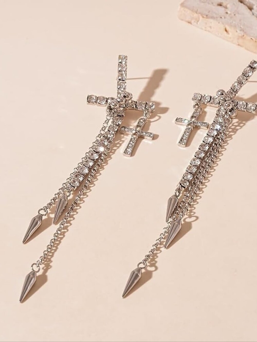 Silver Tone Cross Rhinestone Tassel Dangle Earrings - Picture 3 of 3